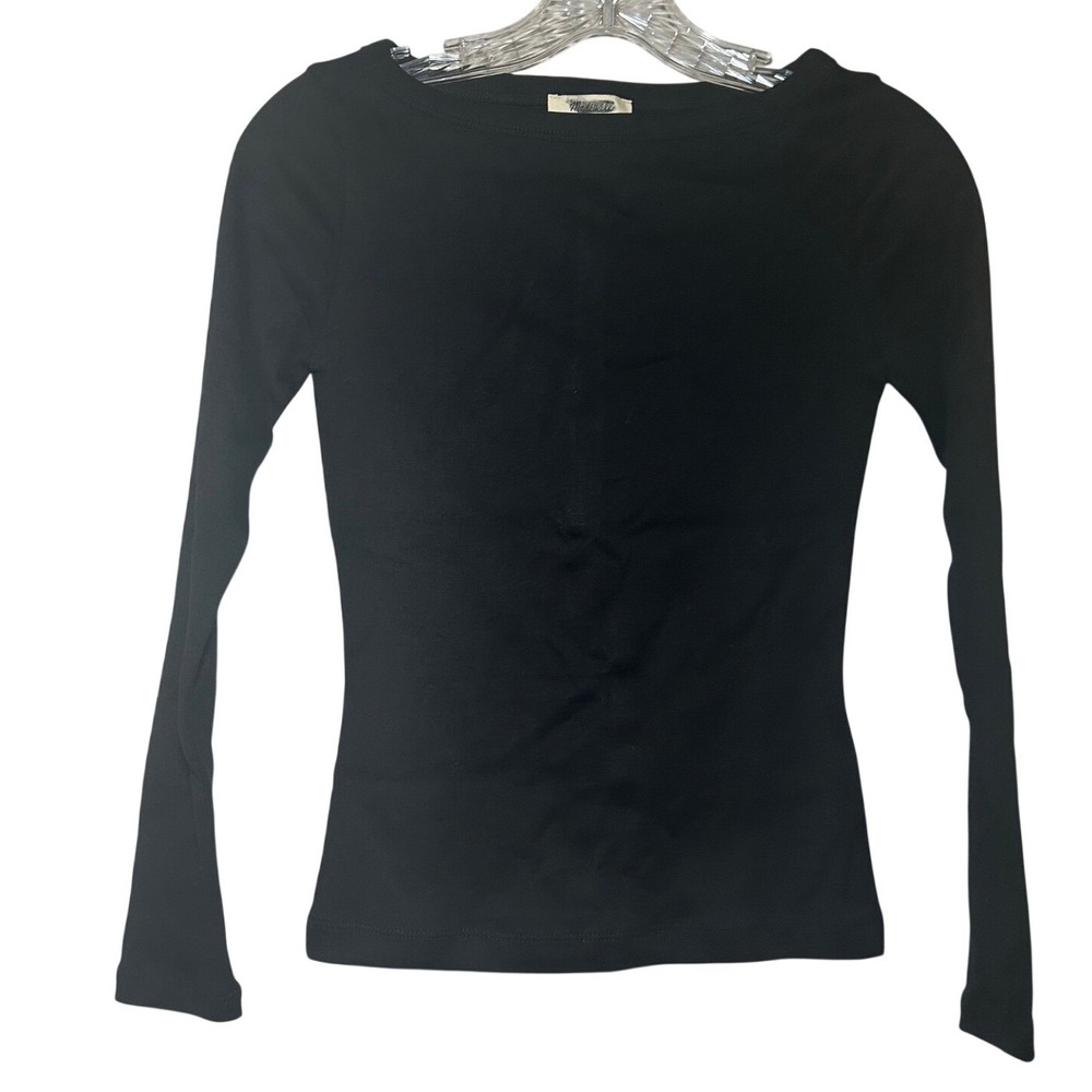 NWT Madewell The '90s Boatneck Tee in Compact Cotton black women's XS minimal